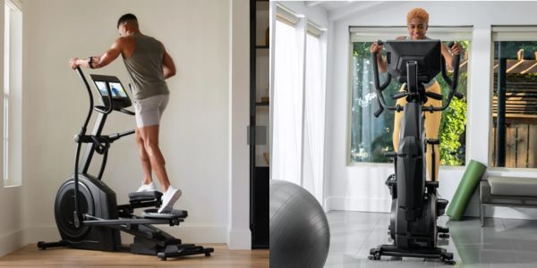 Man Using a NordicTrack Elliptical and Woman Using a  BowFlex Hybrid Machine