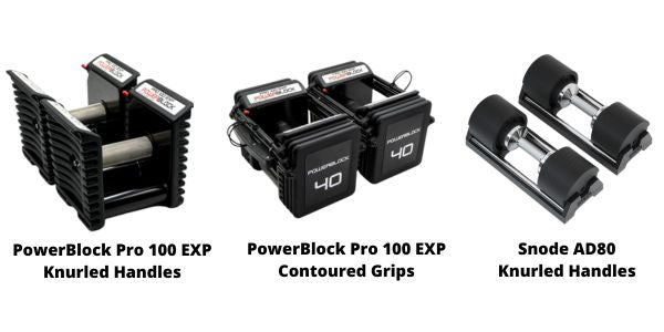Powerblock Pro 100 EXP Knurled Handles and Contoured Grips vs Snode AD80 Knurled Handles