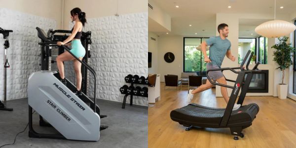 Woman Using a Stair Climber in the Gym and Man Using a Treadmill at Home