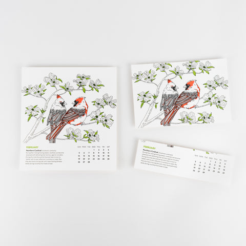 A calendar month page featuring two cardinals facing each other. A whole calendar page is on the left, and the same page cut along the perforated line is on the right, demonstrating how to cut the month's page after the month has passed. 