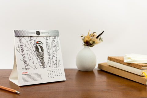 A wooden desk with a desk calendar featuring a downy woodpecker open on January. Next to the calendar, a small white bud vase with dried flowers and a stack of notebooks and stationery cards next to it. 