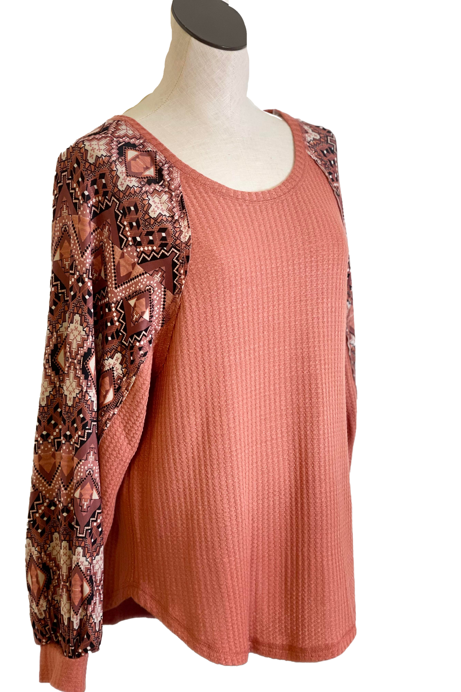 Soft Waffle Weave Shirttail Top with Print Sleeve - Clay - M C and J