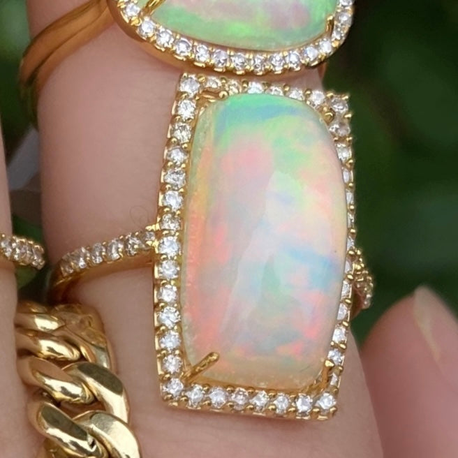 Rectangle Cabashon Opal Diamond Ring