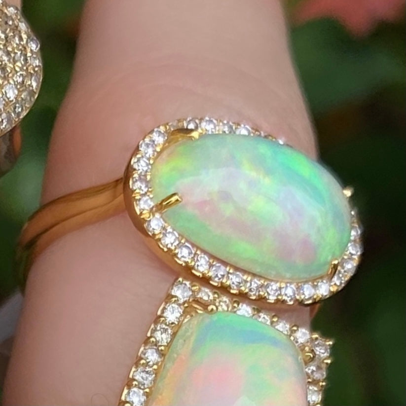 Side Oval Opal Diamond Ring