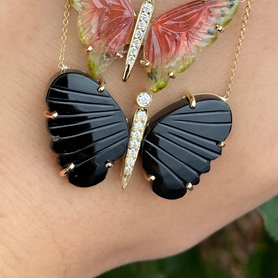 Large Black Onyx Butterfly Diamond Necklace
