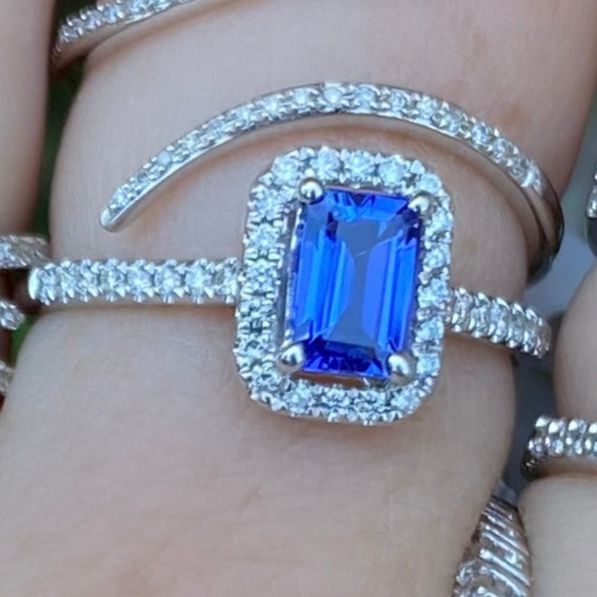 Blue Iolite Emerald Cut Diamond Halo Ring