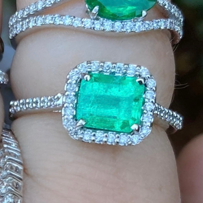 Emerald Diamond Halo Square Cut Ring