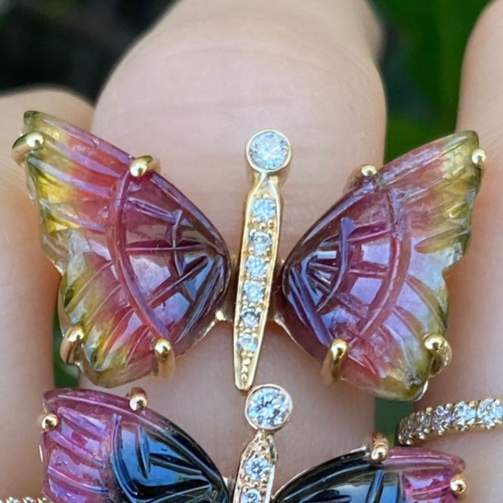 Carved Watermelon Tourmaline Butterfly Ring