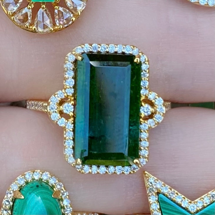 Green Blue Tourmaline Rectangle Diamond Halo Ring