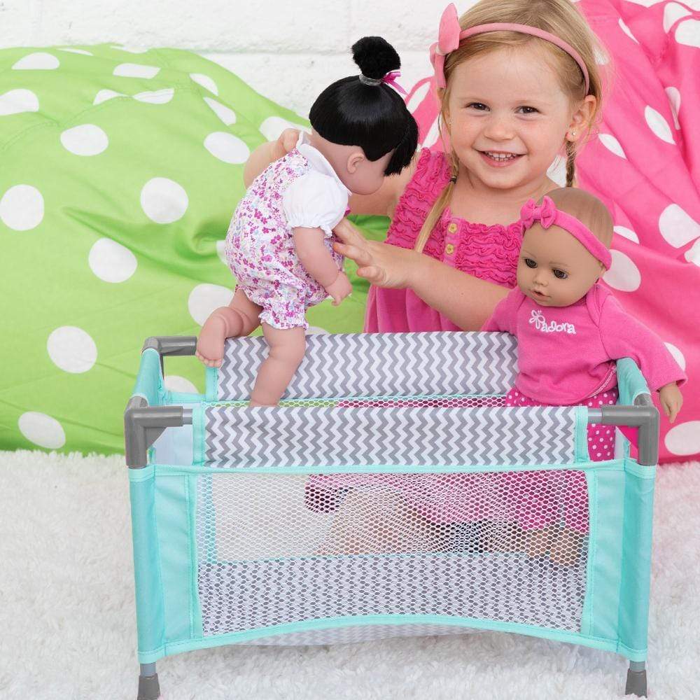 Adora Baby Doll Crib Pink Deluxe Pack N Play 7-Piece Set Fits Dolls Up to 20 Inches, Bed/Playpen/Crib, Changing Table, 3 Clou