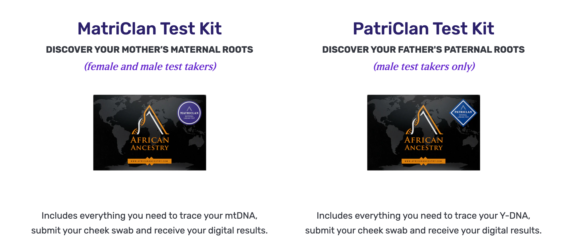 African Ancestry DNA test kit for maternal or paternal test takers with details