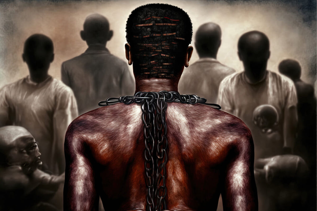 Painting of an African American Slave with chains around his neck