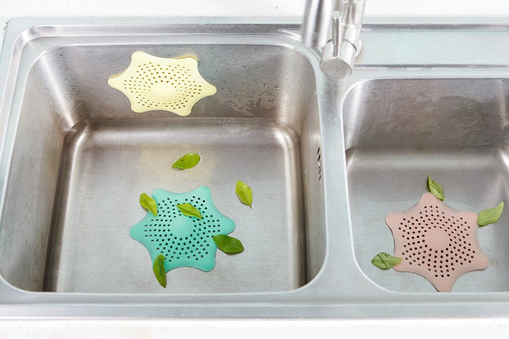 Yellow Hexagonal Starfish Shaped Rubber Sink Strainer Floor Drain Cover Hair Catcher Rubber Shower Trap Basin Filter For Bathroom Kitchen 3 Pack