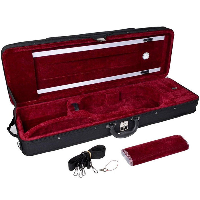 Black 4/4 Square Enhanced Violin Case W/ Built-in Hygrometer & Carry Straps
