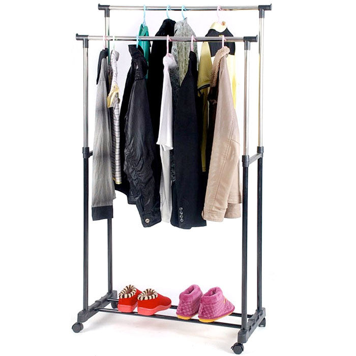 Felji Double Heavy Duty Rail Adjustable Portable Clothes Hanger Rolling Garment Rack