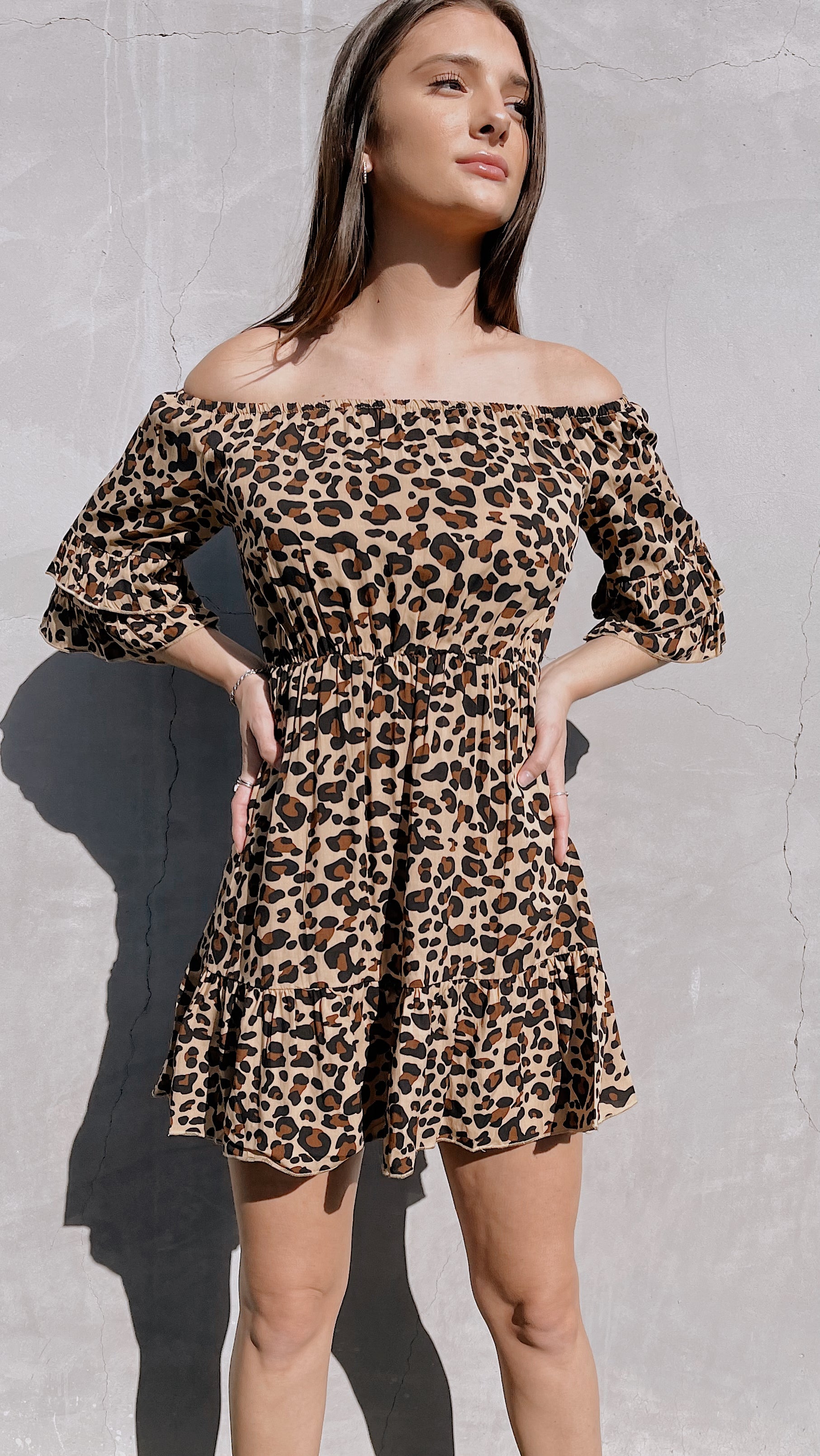 Off Shoulder Leopard Print Mini Dress Les Femmes 2944