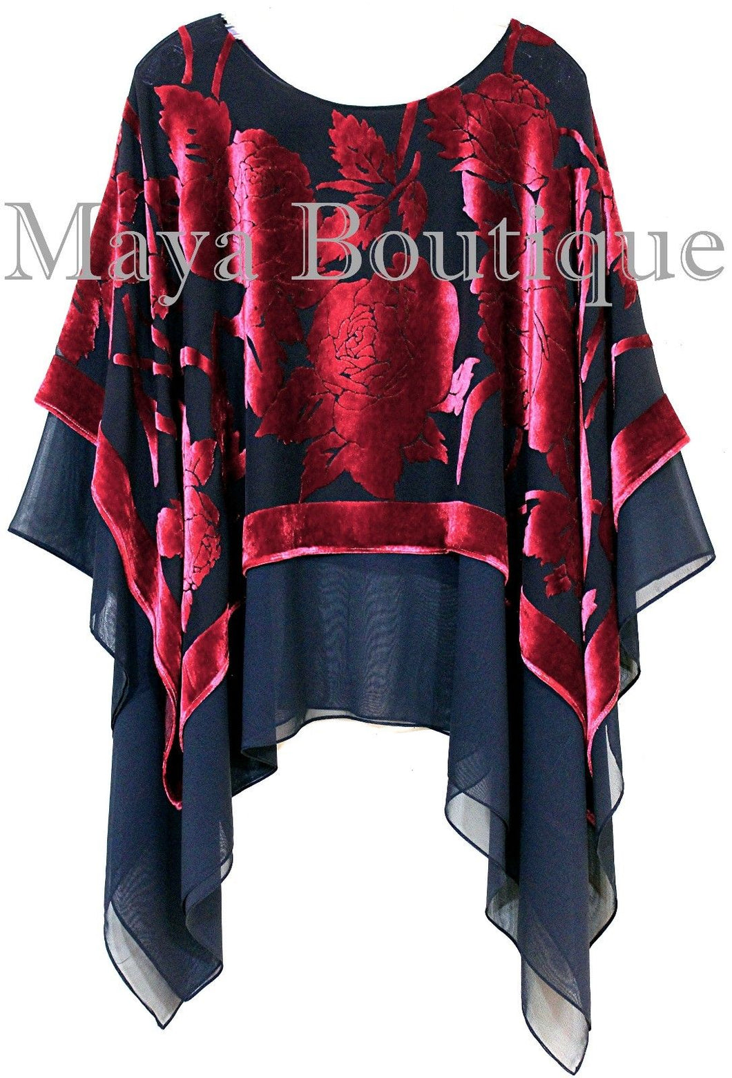 Maya Matazaro Layered Poncho Top Silk Burnout Velvet & Chiffon Red & Black