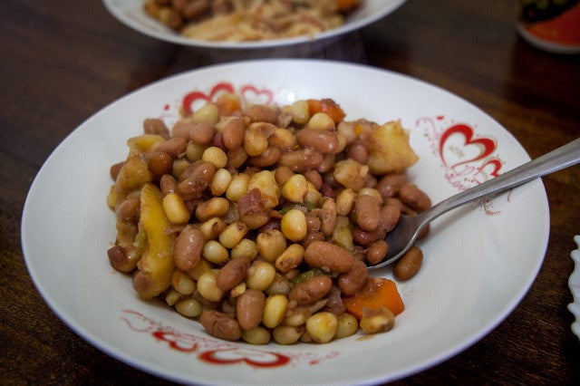 Lunch of githeri: maise with beans, carrots, and potatoes.