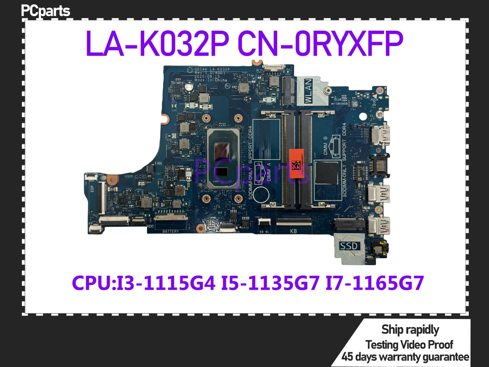 PCparts CN-0RYXFP For DELL Inspiron 3400 Laptop Motherboard LA-K032P I3-1115G4 I5-1135G7 I7-1165G7 CPU DDR4 Mainboard MB Tested
