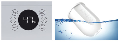 Close-ups of Boneco U350 humidifier LED display area, and of the A250 AQUA PRO water filter floating in a water tank