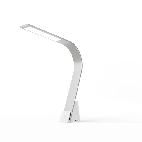 Brooklyn USB LED Task Lamp in Brushed Aluminum finish on a white background, a slim LED panel and even flicker-free warm white light. Perfect for students and study spaces