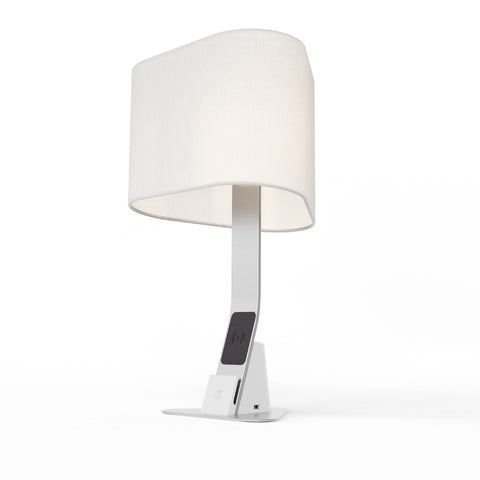 Brooklyn Aura LED Desk Light in Brushed Aluminum Featuring integrated LEDs, built-in 12W Wireless Qi Charging, and warm white 3000K color temperature light.
