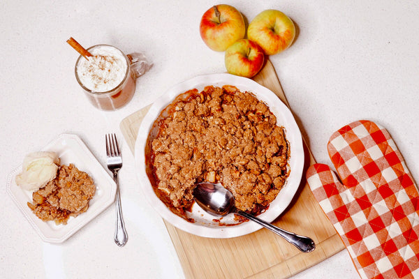 Apple Crisp served, with hot chocolate and vanilla ice cream