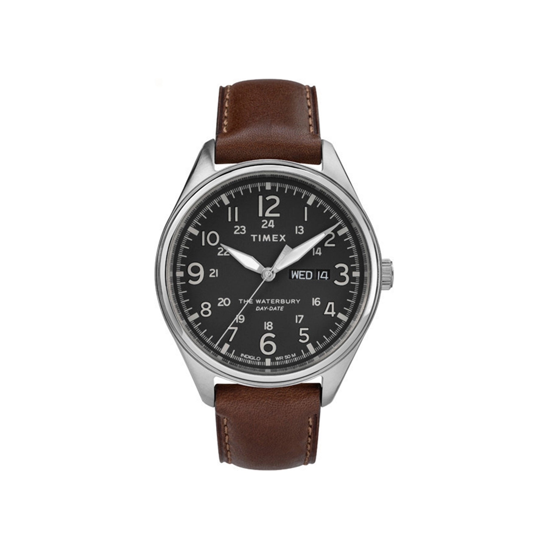 Waterbury Day Date 42mm Timex Watch Brown Leather Strap | Peninsulas