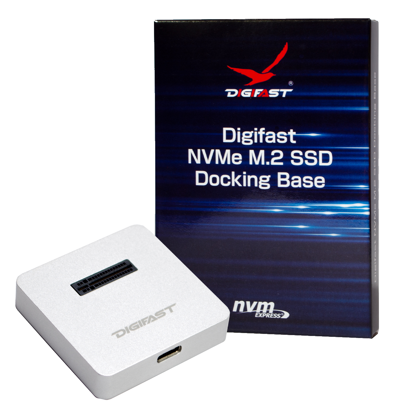 Digifast silver NVMe docking base with product packaging