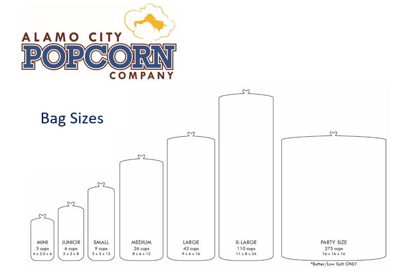 popcorn bag sizing chart- alamo city popcorn