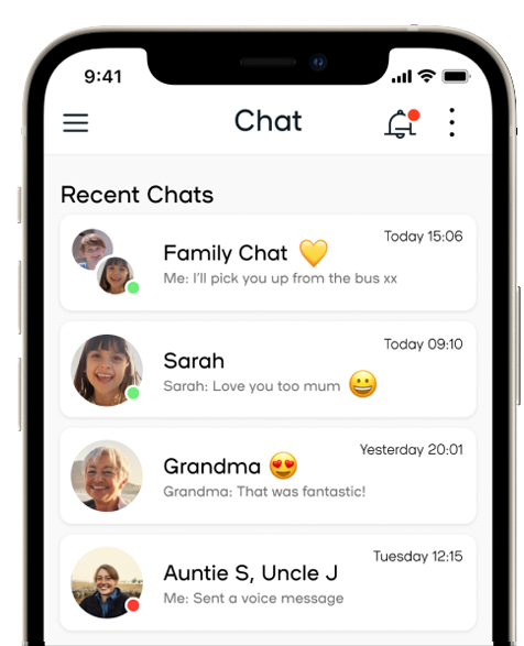 Spacetalk app chat screen showing chats with various family members and groups