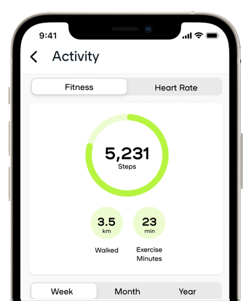 app screen with graph detailing number of steps for the week and figure for steps for the day