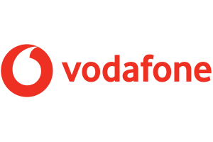 Vodafone logo, a white quotation mark on red background