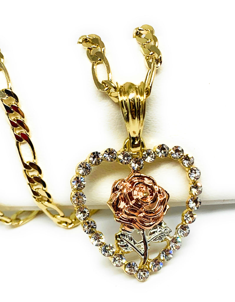 Gold Multi Link Chain Necklace-Latticework CZ Heart-Dual Sided Pendant 15