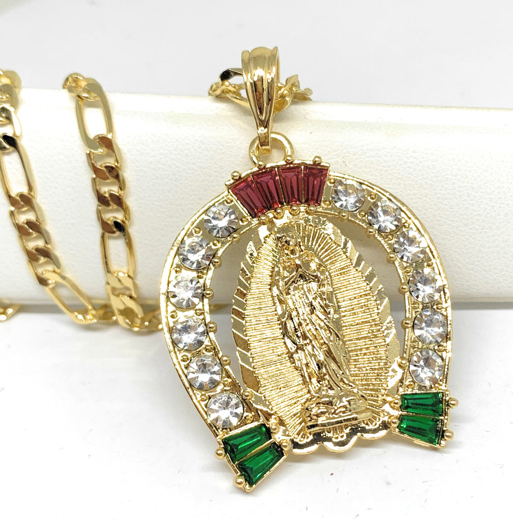 14K Gold Plated Holy Mary Necklace La Virgen De Guadalupe Pendant Cadena  Cuban Chain 24 inch x 4 mm 