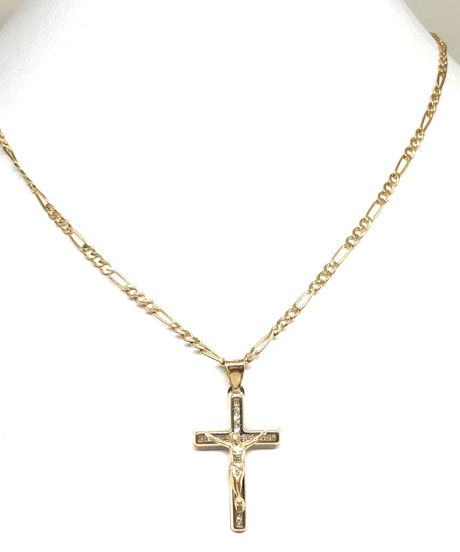 14k Solid Gold Jesus Cross Pendant Necklace Cubic Zirconia