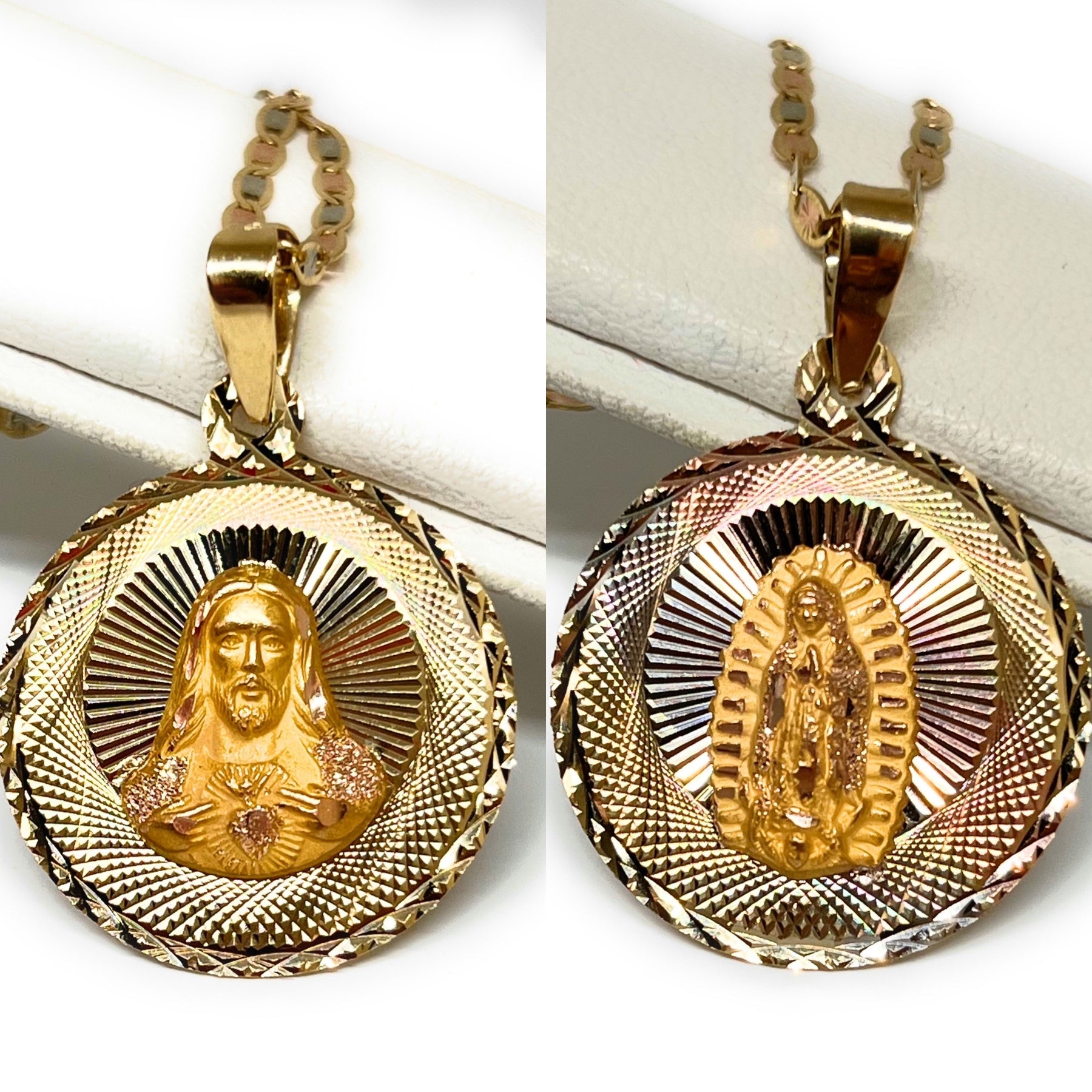 10k Solid Gold Tri-Color Jesus Sagrado Corazon & Virrgin Mary