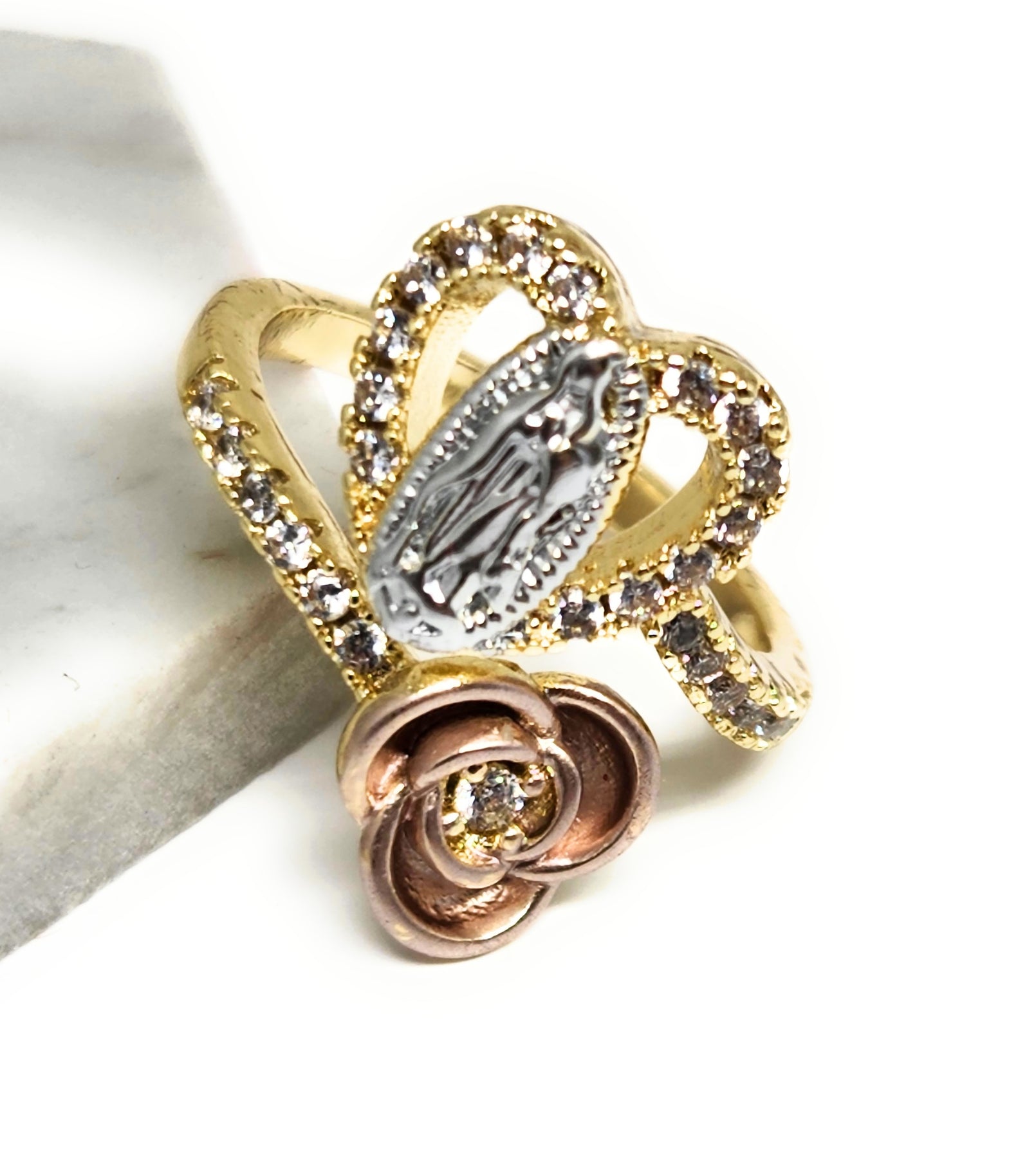 Gold Plated Tri-Color Virgin Mary HEART & BUTTERFLY CZ Ring Virgen