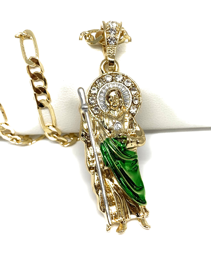 Saint Jude CZ Necklace 14K Gold Plated San Judas Medalla Cadena Oro Laminado San Judas Necklace