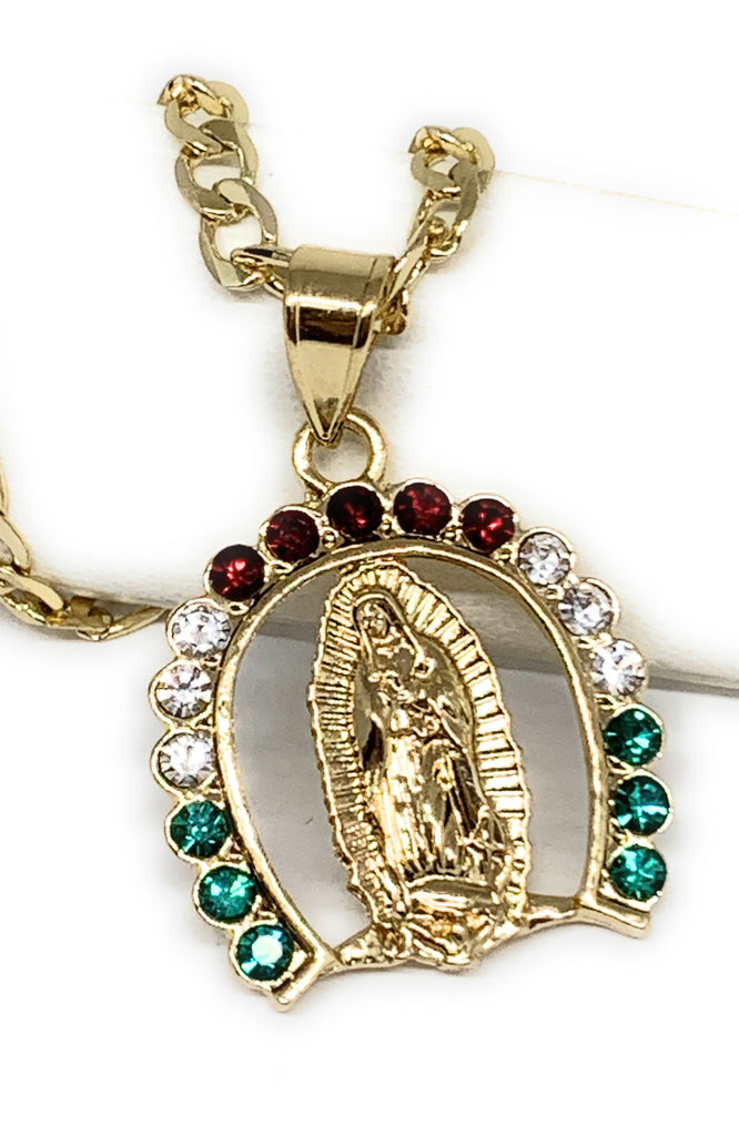 14K Gold Plated Holy Mary Necklace La Virgen De Guadalupe Pendant Cadena  Cuban Chain 24 inch x 4 mm 