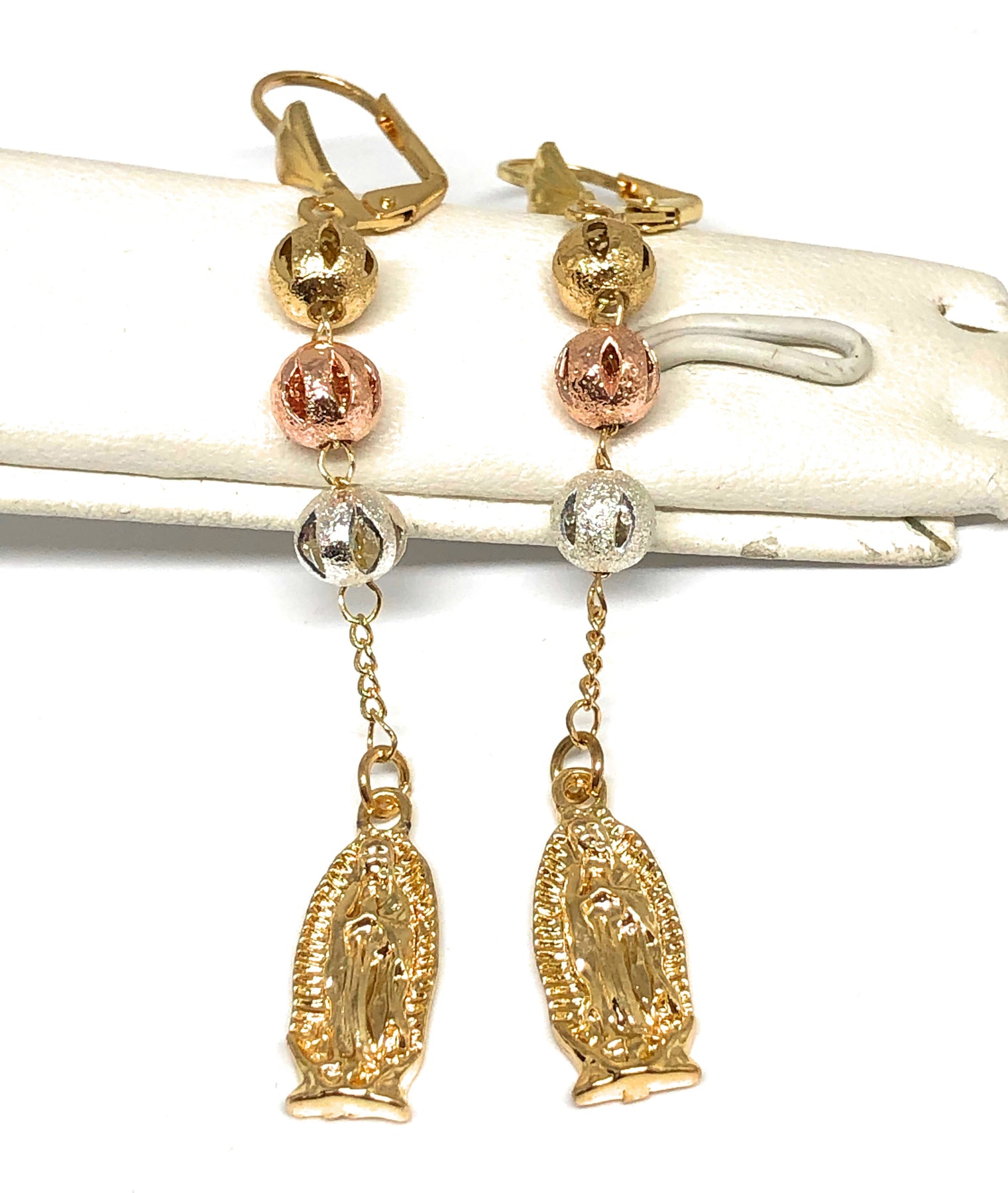Gold Plated Tri Color Virgin Mary Earrings Aretes Oro Laminado Virgen –  Fran & Co Jewelry