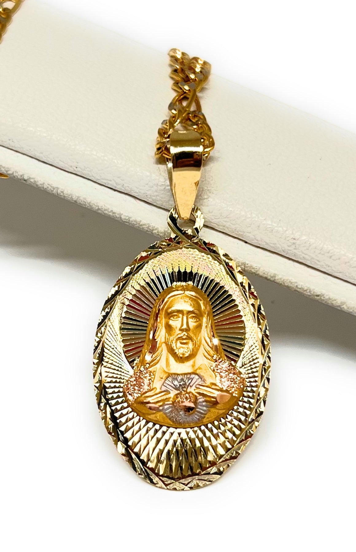 10k Solid Gold Tri-Color Jesus Sagrado Corazon & Virrgin Mary