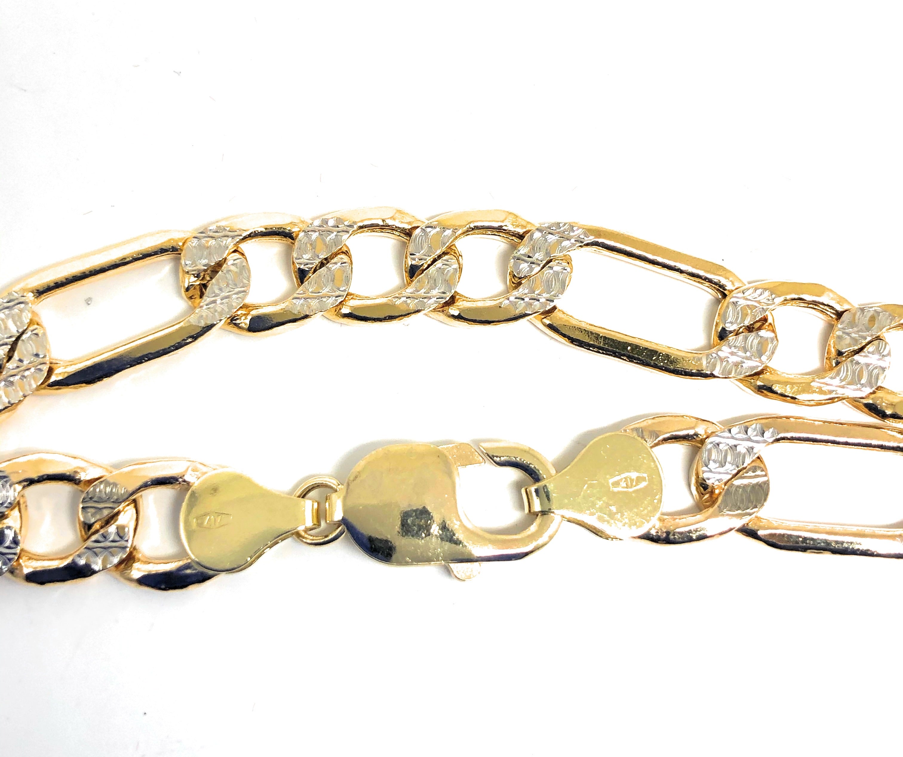 10k Solid Gold Yellow Figaro Diamond Cut (White Gold) Brracelet 9 inch