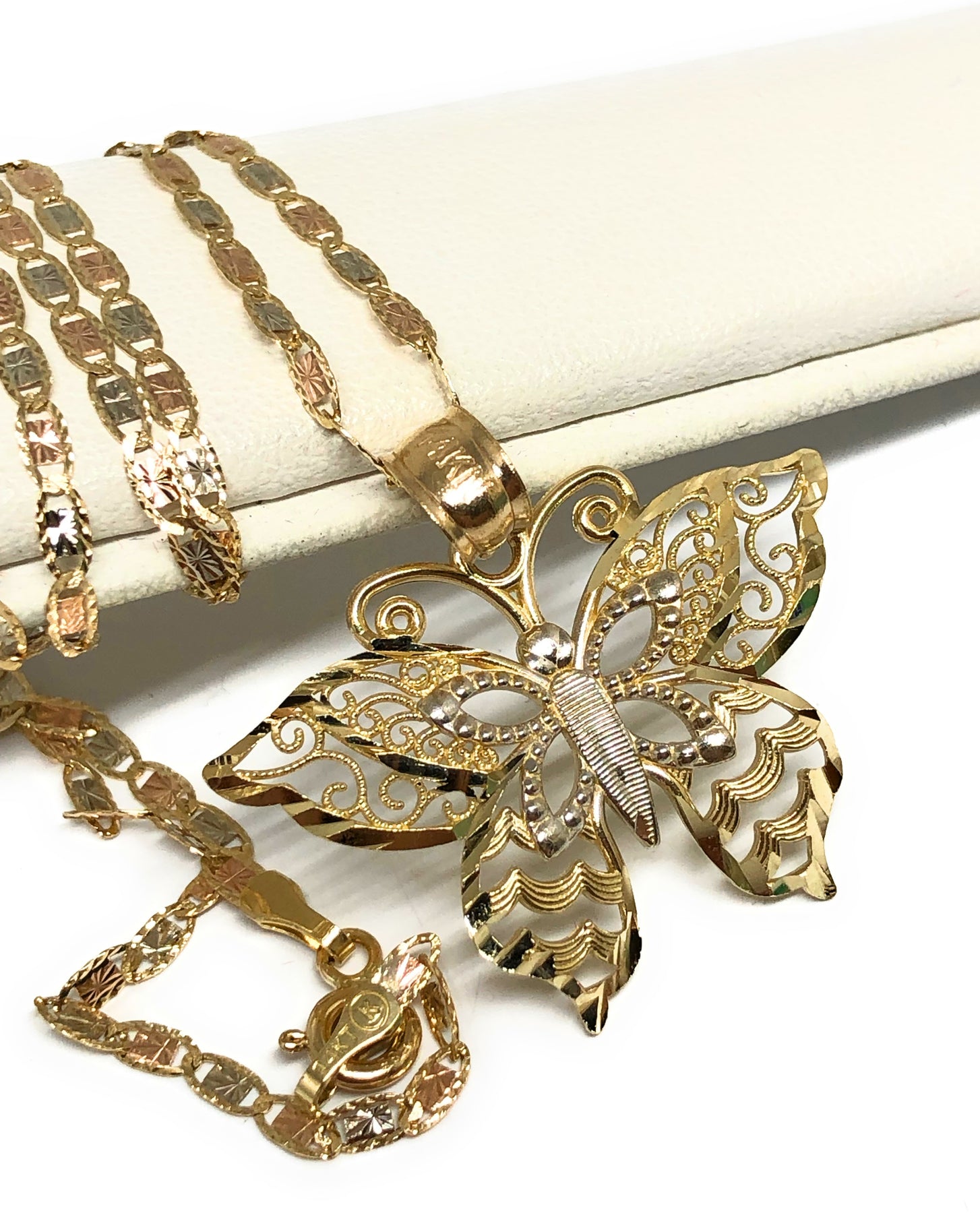 14k Solid Gold Tri-Color Small Butterfly Pendant Necklace