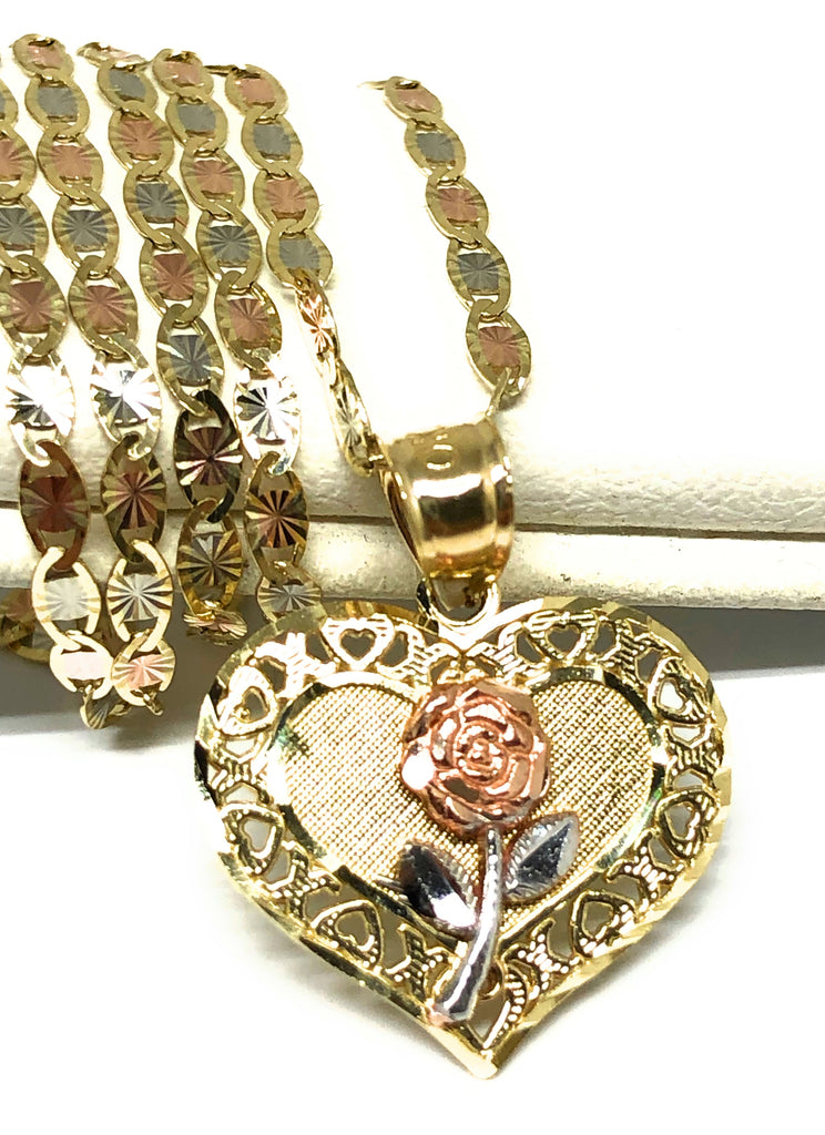 10k Solid Gold Yellow & Rose Gold Double Rose Flower Pendant