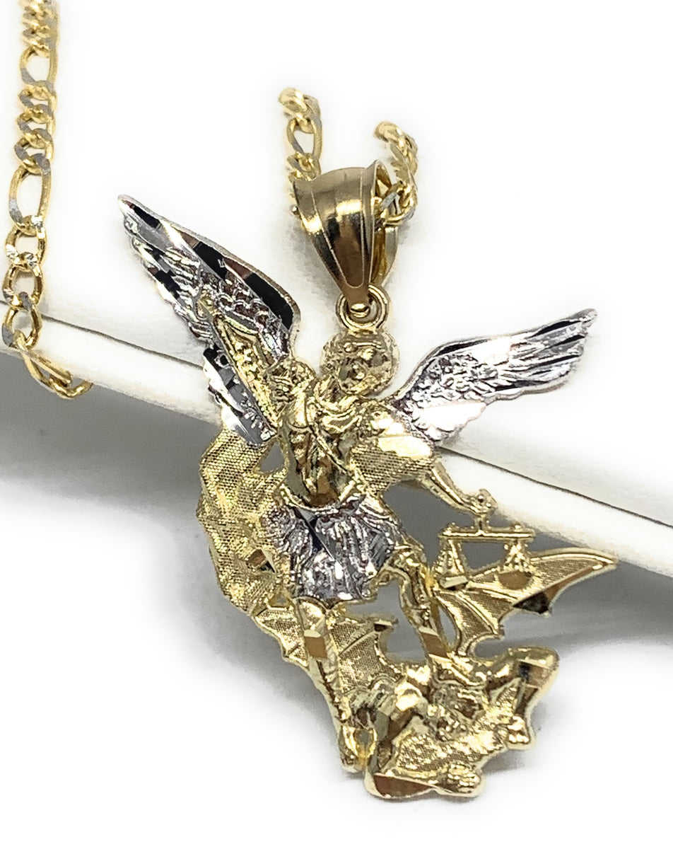 10k Solid Gold Yellow 2-Tone St. Michael Archangel Pendant Necklace (M