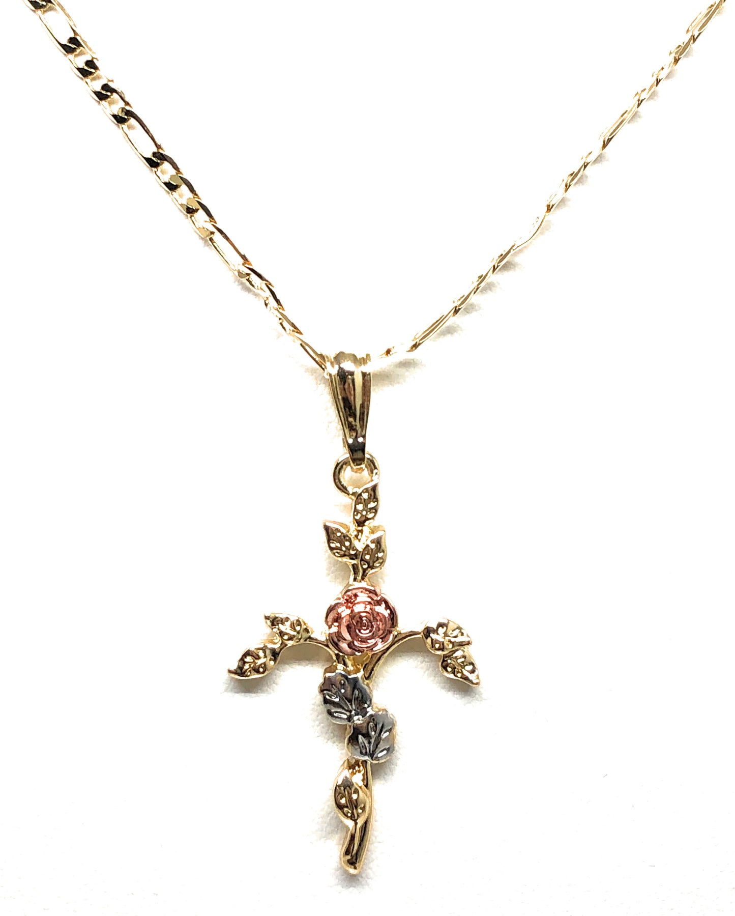 Gold Plated Tri-Color Rose Cross Crucifix 24