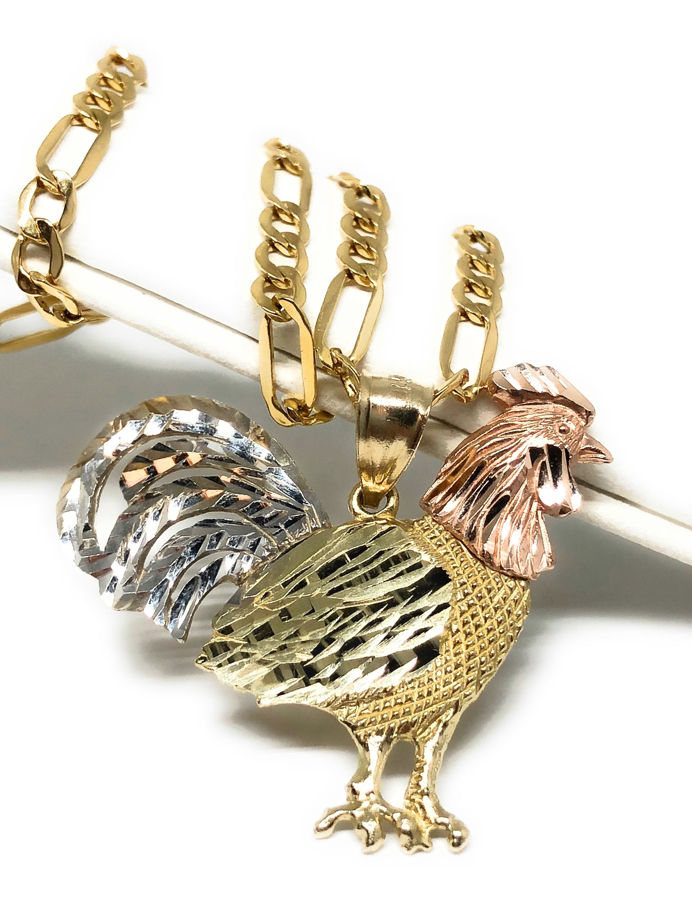 Gold Plated Chicken Rooster Pendant Necklace Figaro 24 4mm Dos Gallo –  Fran & Co. Jewelry Inc.