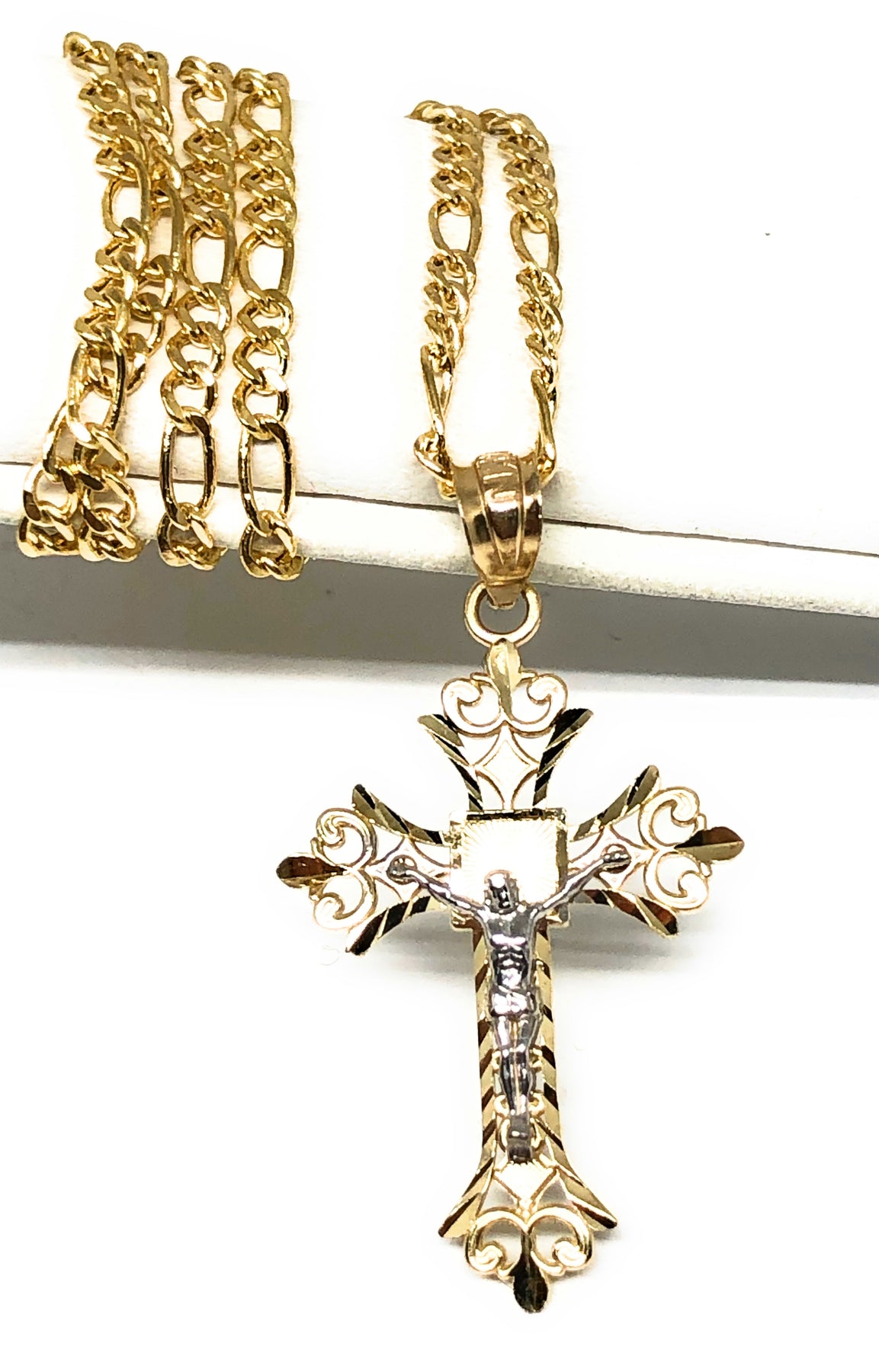14k Solid Gold Jesus Cross Pendant Necklace Cubic Zirconia