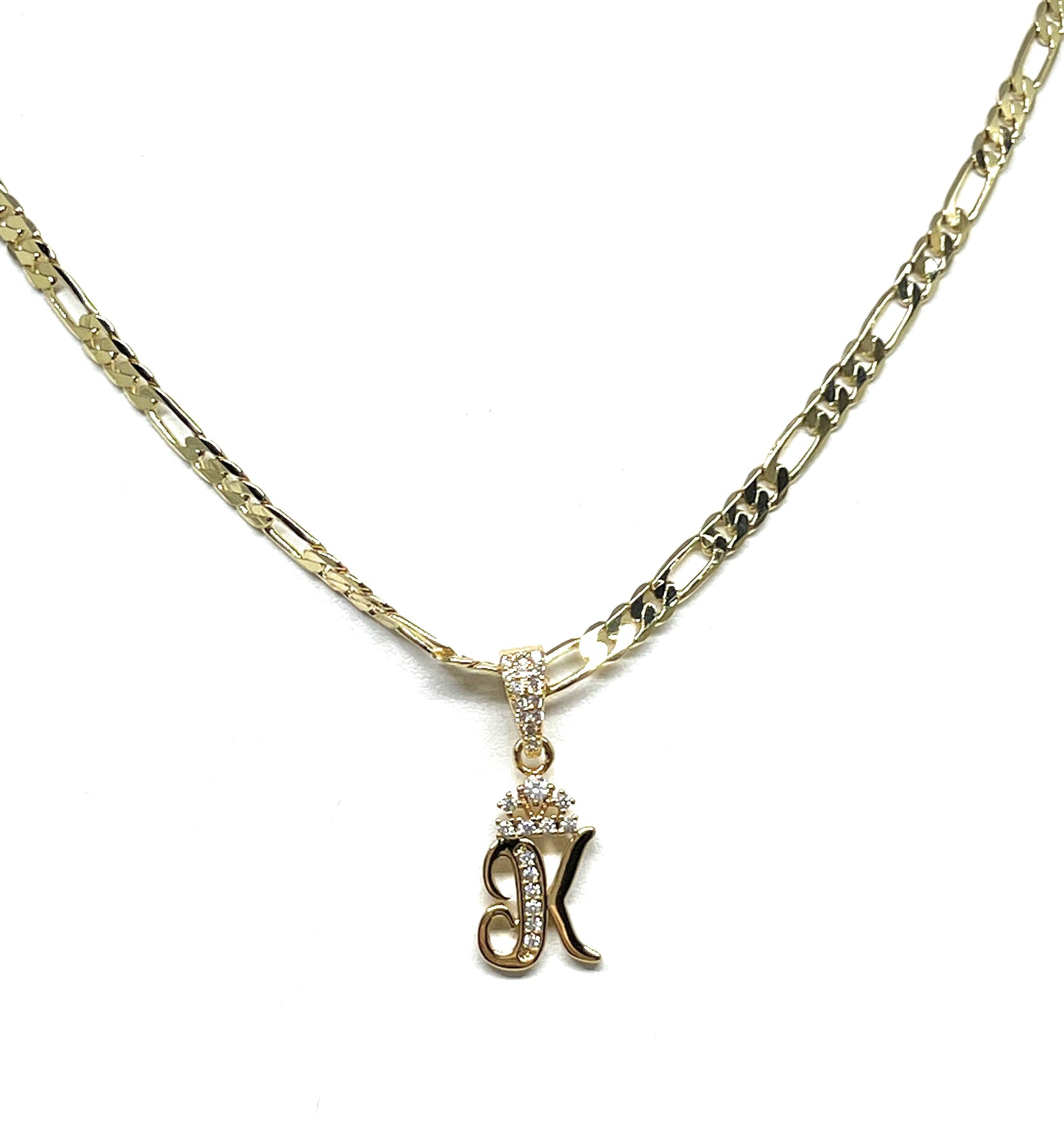 Gold Plated CUSTOMIZED CROWN CZ Initial Letter Pendant With Figaro